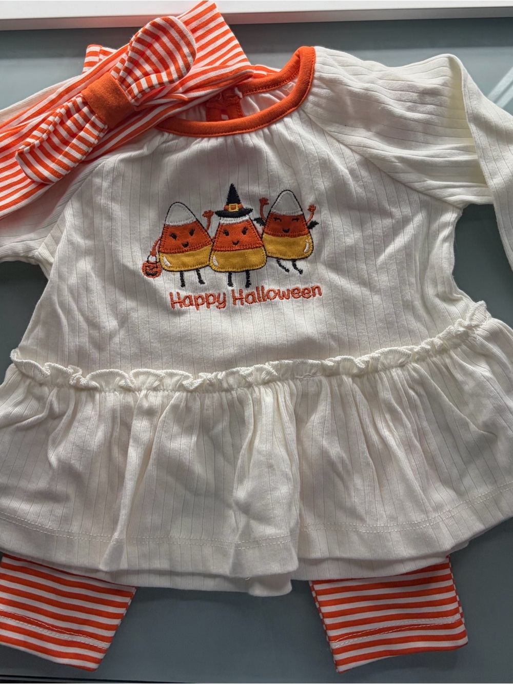 Little Me White & Orange Candy Corn 'Happy Halloween' Dress Set